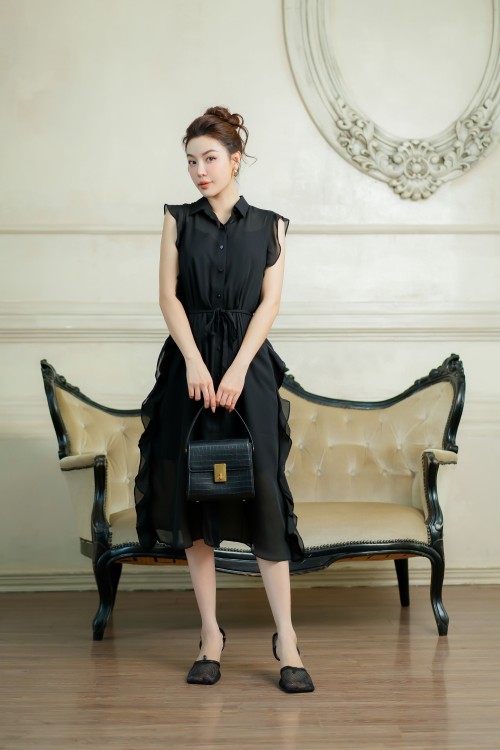 Sixdo Black Straight Midi Chiffon Dress